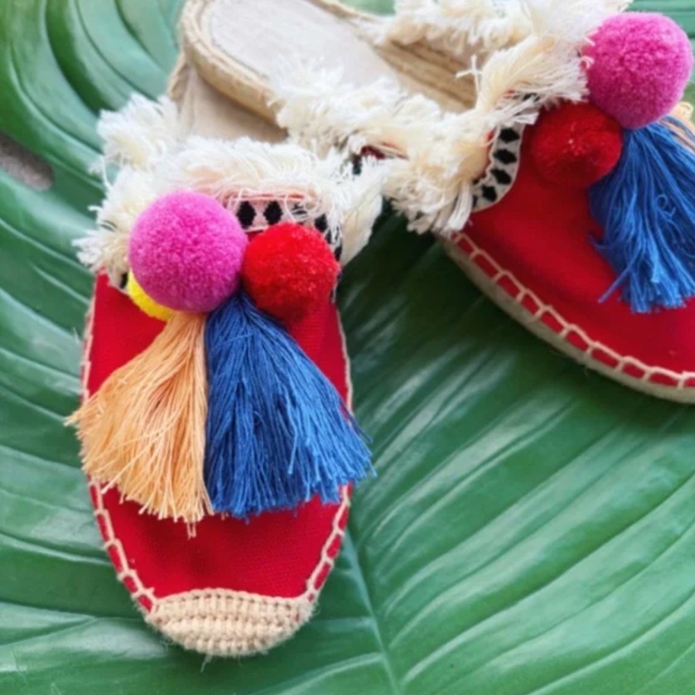 Red Mule Slip On Shoes with Pom Poms and Tassels - Picture 2 of 4